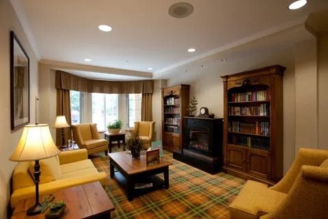 Room with yellow armchairs, a fireplace, bookcases and a wooden coffee table
