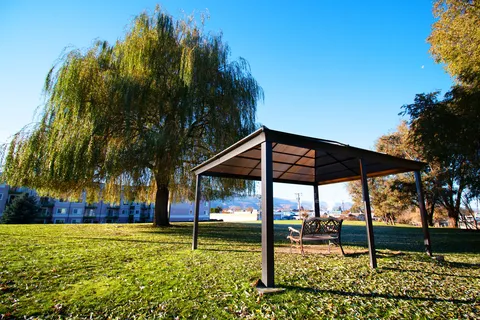 Bench beneath a gazebo beside a large tree on a lawn