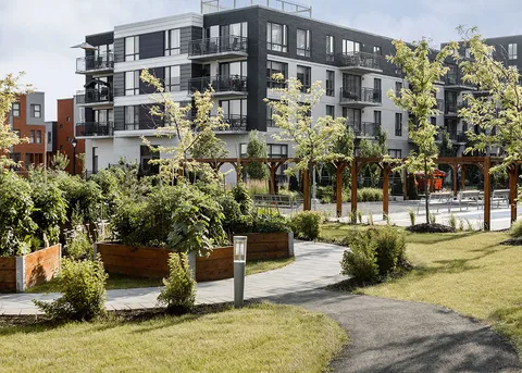 Residence with balconies behind lawns, paved paths and landscaped planting beds