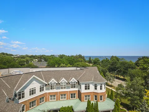Residence roof and upper windows beside trees, viewed from above.