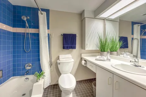 Bathroom with blue tiles, a toilet, sink and plants