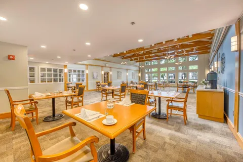Dining room with wooden tables, upholstered chairs and large windows