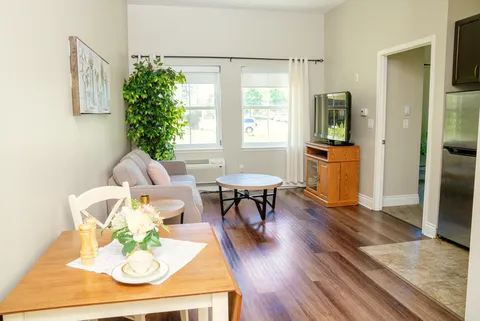 Room with a sofa, a dining table, a television and a kitchenette