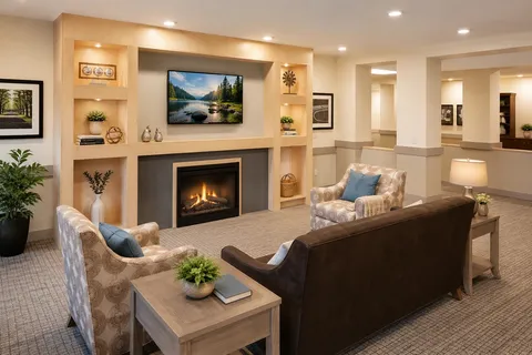 Lounge with sofas, armchairs and a fireplace.