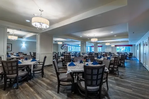 Dining room with set tables, dark wooden chairs and ceiling lights