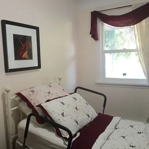 Single bed with a safety rail beside a window.