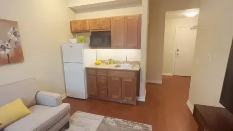 Studio kitchenette with cabinets, refrigerator and microwave.