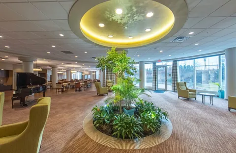 Room with armchairs, a planted circular bed, large windows and a grand piano