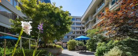 Landscaped courtyard path between the residence buildings.