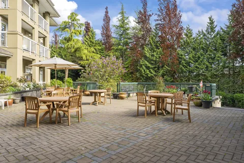 Patio with wooden tables and chairs beside trees and flower pots