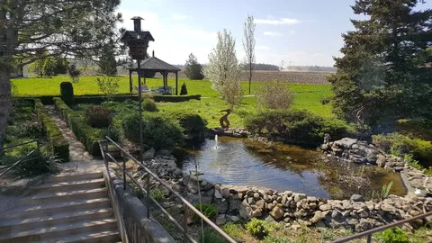 Garden pond with stone edging and a gazebo beyond
