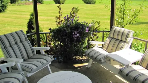 Covered patio with cushioned chairs and flowering plants