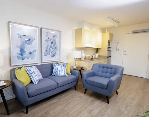 Sitting area with a grey sofa, blue armchair and kitchenette