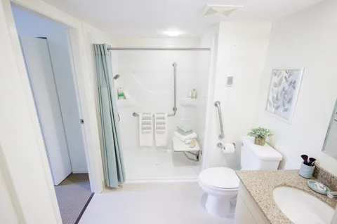 Bathroom with an accessible shower, toilet, sink and grab rails
