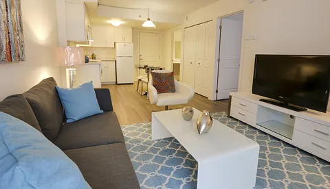 Apartment sitting area with a sofa, a television and an open kitchen