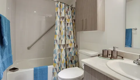 Bathroom with a bathtub, patterned shower curtain, sink and toilet