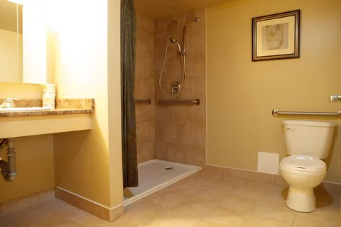 Bathroom with a walk-in shower, toilet and vanity.