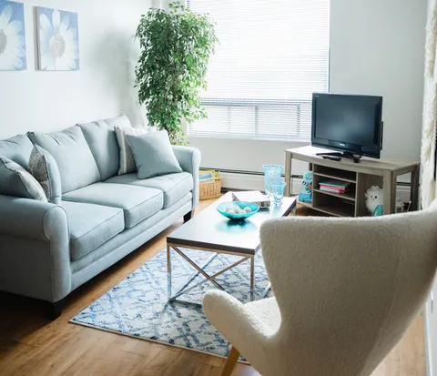 Suite living room with a sofa, armchair, television and windows.