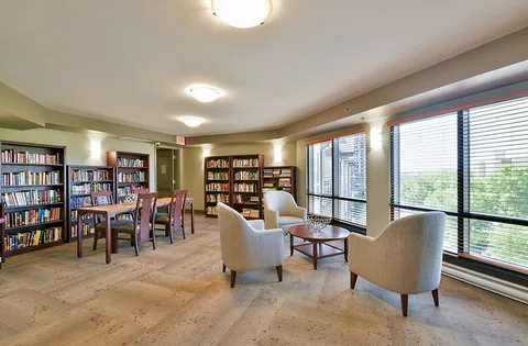 Library lounge with armchairs, bookshelves and a bright window.
