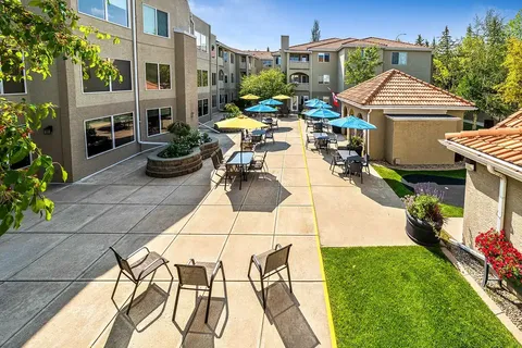 Courtyard with outdoor tables, blue and yellow umbrellas and raised garden beds