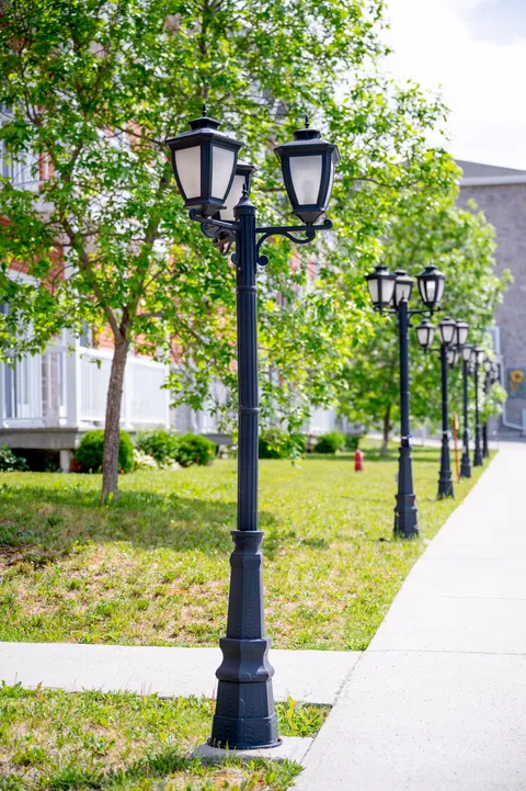 Garden path lined with lamp posts.