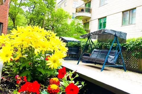 Canopy swing beside colourful flowers and residence balconies