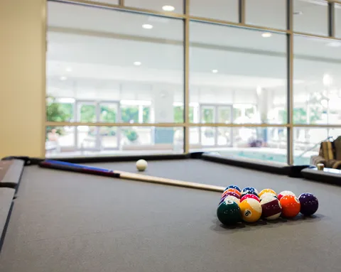 Billiard table beside large windows.
