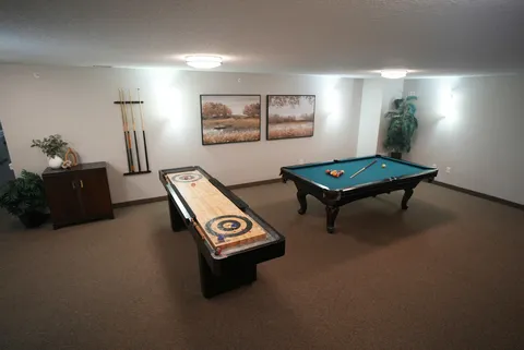 Games room with a billiards table and a shuffleboard table