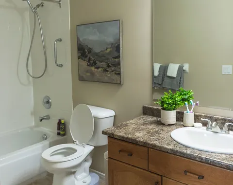 Bathroom with a tub and shower, toilet, sink, wooden vanity and large mirror