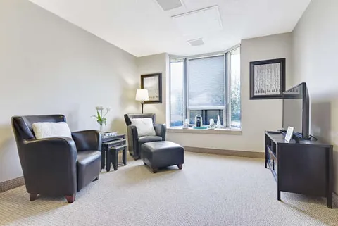 Sitting area with two black armchairs, an ottoman, a television and a window
