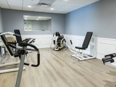 Fitness room with exercise machines, a wall mirror and pale wood flooring