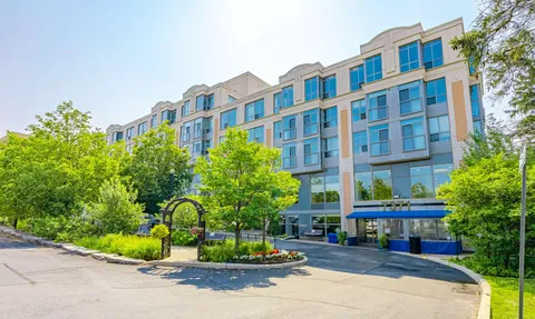 Multi-storey residence with blue-framed windows, trees and a driveway