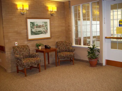 Two patterned armchairs beside a small table and potted plant