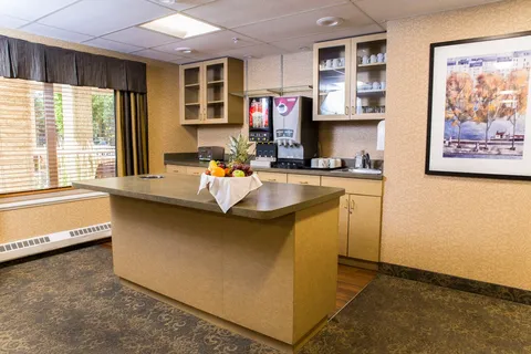 Bistro counter with cabinets, dispensers and windows.