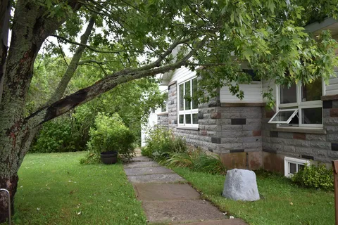 Paved path beside the residence under leafy trees.
