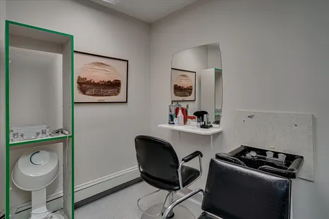 Salon with a styling chair, wash basin, mirror and framed landscape picture
