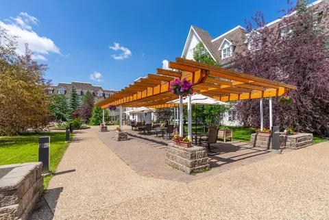 Garden path beside a wooden pergola with hanging flower baskets
