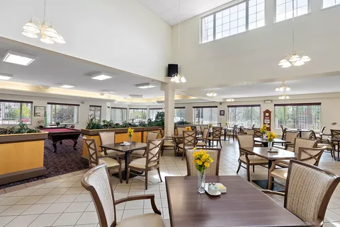 Dining area with square tables, upholstered chairs and potted plants