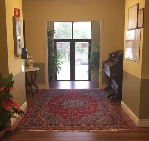 Entrance hall with glass door, patterned rug and piano