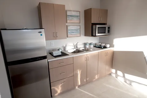Kitchenette with wood cabinets, refrigerator, microwave and sink