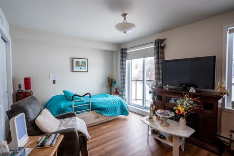 Studio with a single bed, sofa and television.