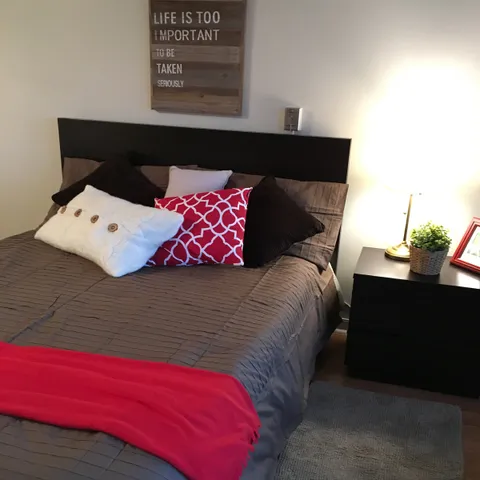 Bedroom with a double bed, cushions and a bedside lamp