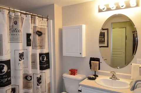 Bathroom with a shower curtain, toilet, sink and oval mirror