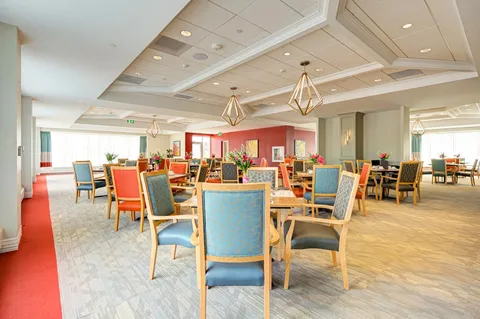 Dining room with wooden tables, colourful chairs and geometric pendant lights