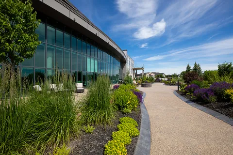 Glass-fronted building beside a garden path, grasses and flowering plants