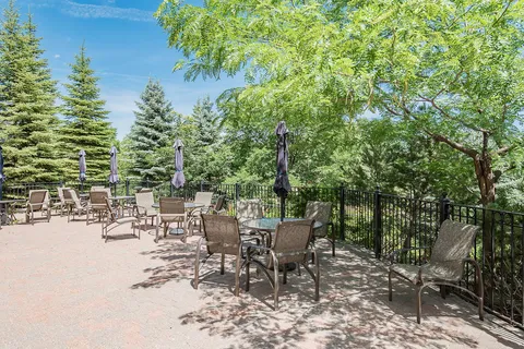 Tree-lined patio with tables, chairs and folded umbrellas.