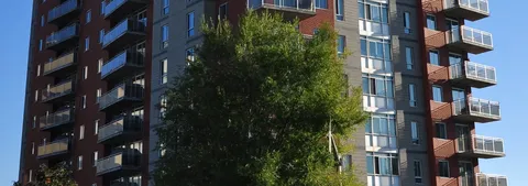 Upper floors of a brick high-rise building with balconies beside leafy trees