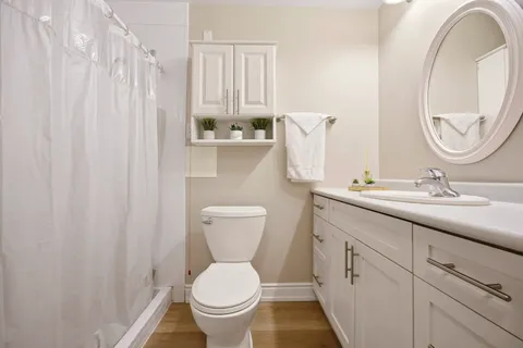 Bathroom with a toilet, vanity, shower curtain and round mirror.
