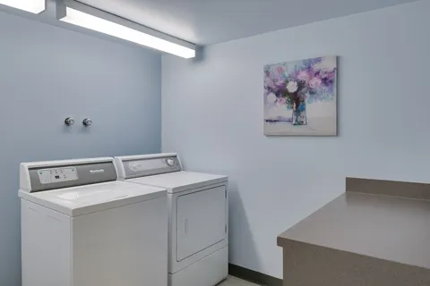 Laundry room with a washer, a dryer and floral wall art