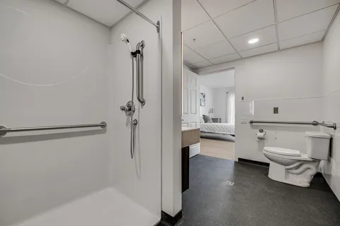Accessible bathroom with a shower, toilet and grab rails